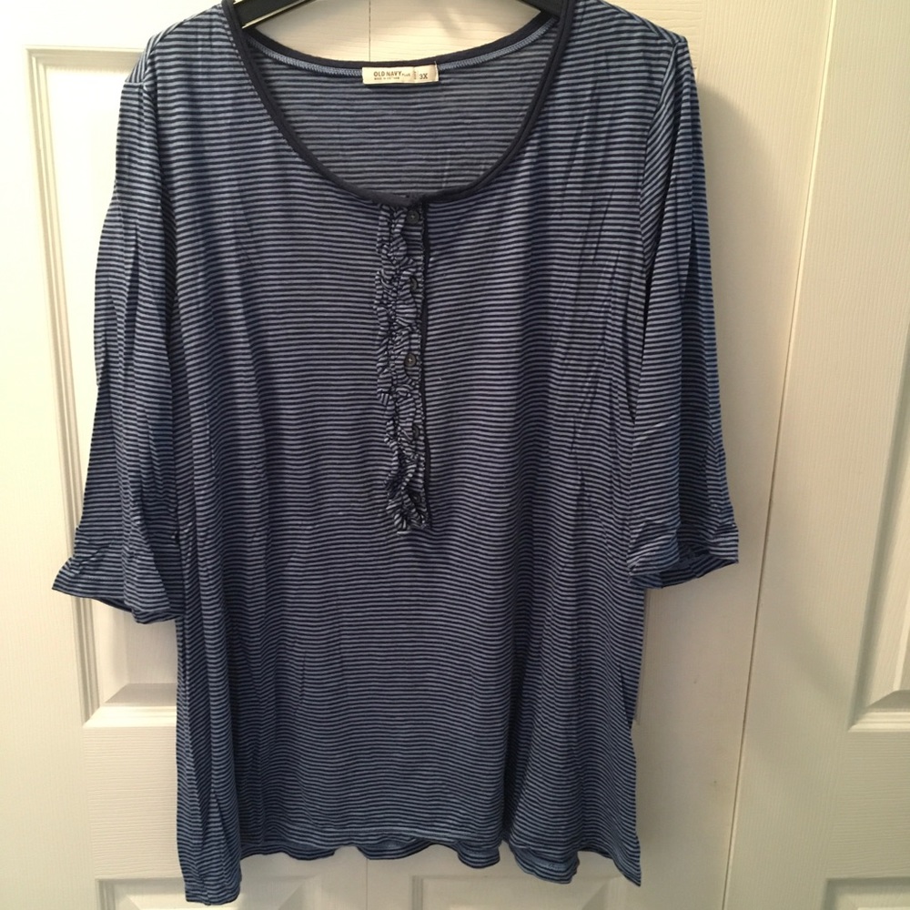 Navy striped henley tee 3/4 sleeves, Light Weight Material, Sz 3X But Runs Small
